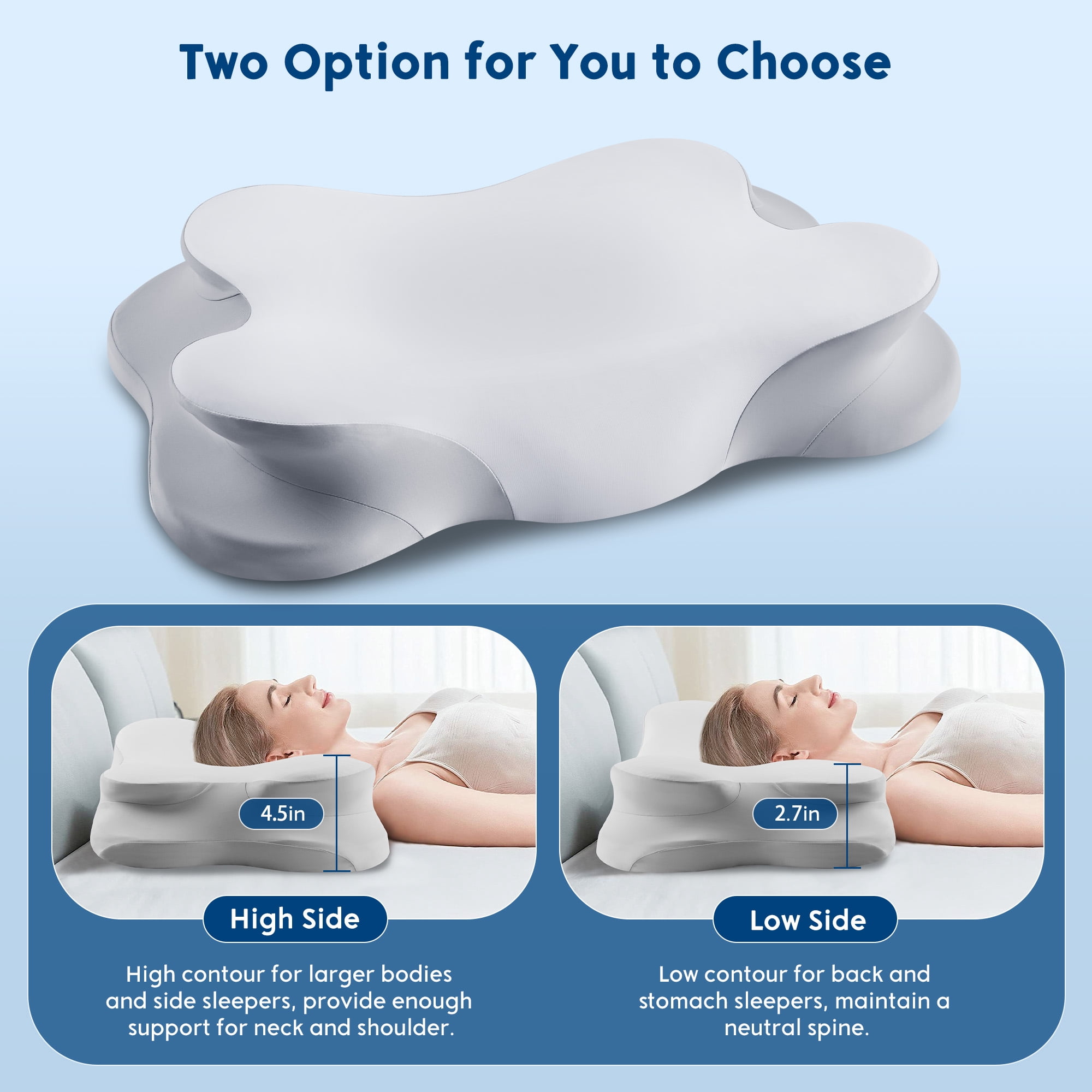 KAIPARA Cervical Neck Pillow for Pain Relief, Ergonomic Side Sleeper Pillow for Neck Support, Cooling Memory Foam Pillows for Sleeping, Gray