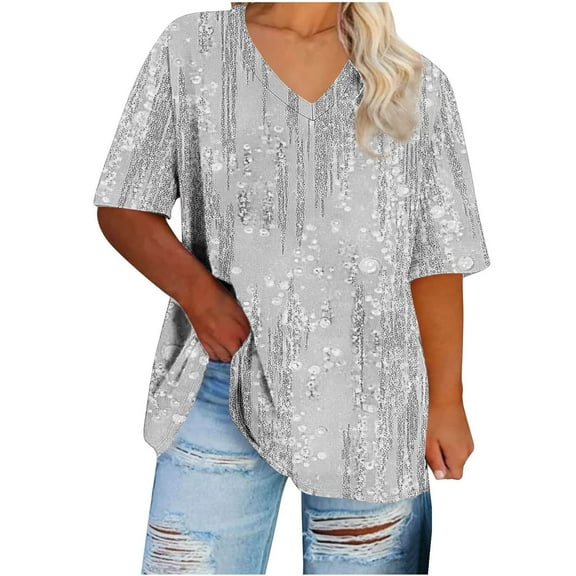 BangWanChi Women's Plus Size V-Neck Tops Printing Short Sleeve Solid Color Summer Base T-shirt