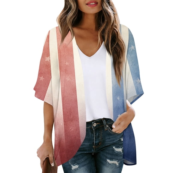 JULMCOMO American Flag Lightweight Cardigans for Women Red White Blue Half Sleeve Patriotic Kimono Cover Ups Summer Tops Blue 2XL