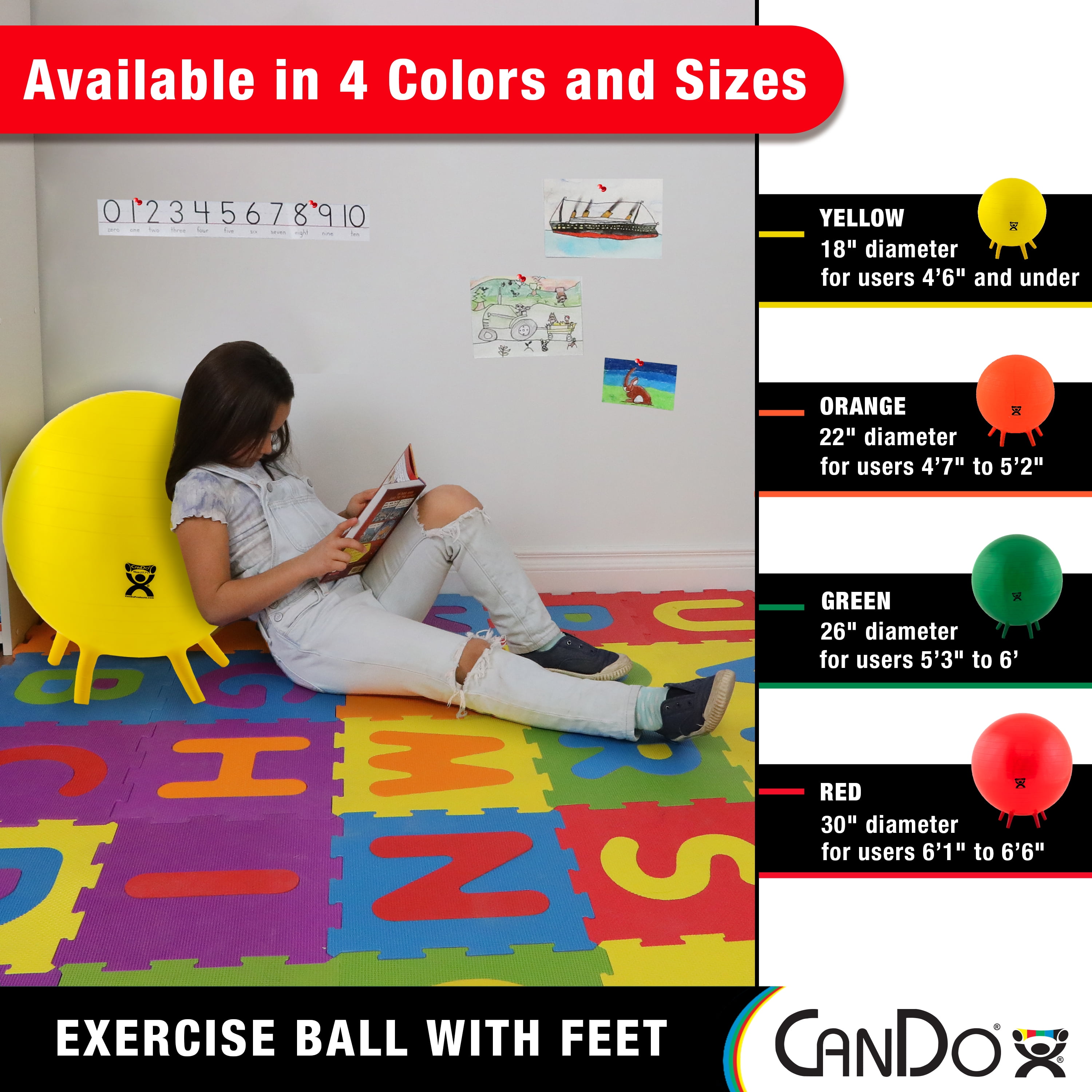 CanDo 30-1892 Non-Slip Inflatable Exercise Ball with Stability Feet for Exercise, Workout, Core Training, Yoga, Pilates, Active Sitting in Gym, Office, Home or Classroom. Orange 22"