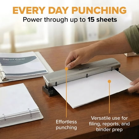Bostitch Office Premium 3 Hole Punch, 12 Sheet Capacity, Metal, Rubber Base, Easy-Clean Tray, Silver - Image 3