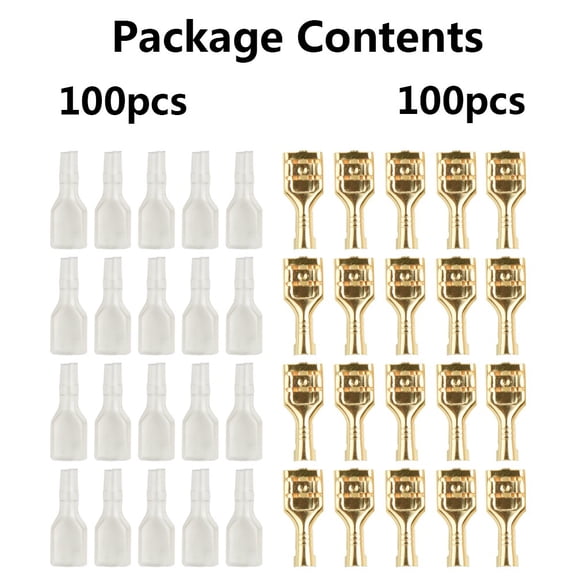 100 Set Insulated Spade Wire Connectors for Electrical Terminals, 6.3mm, Brass and Plastic
