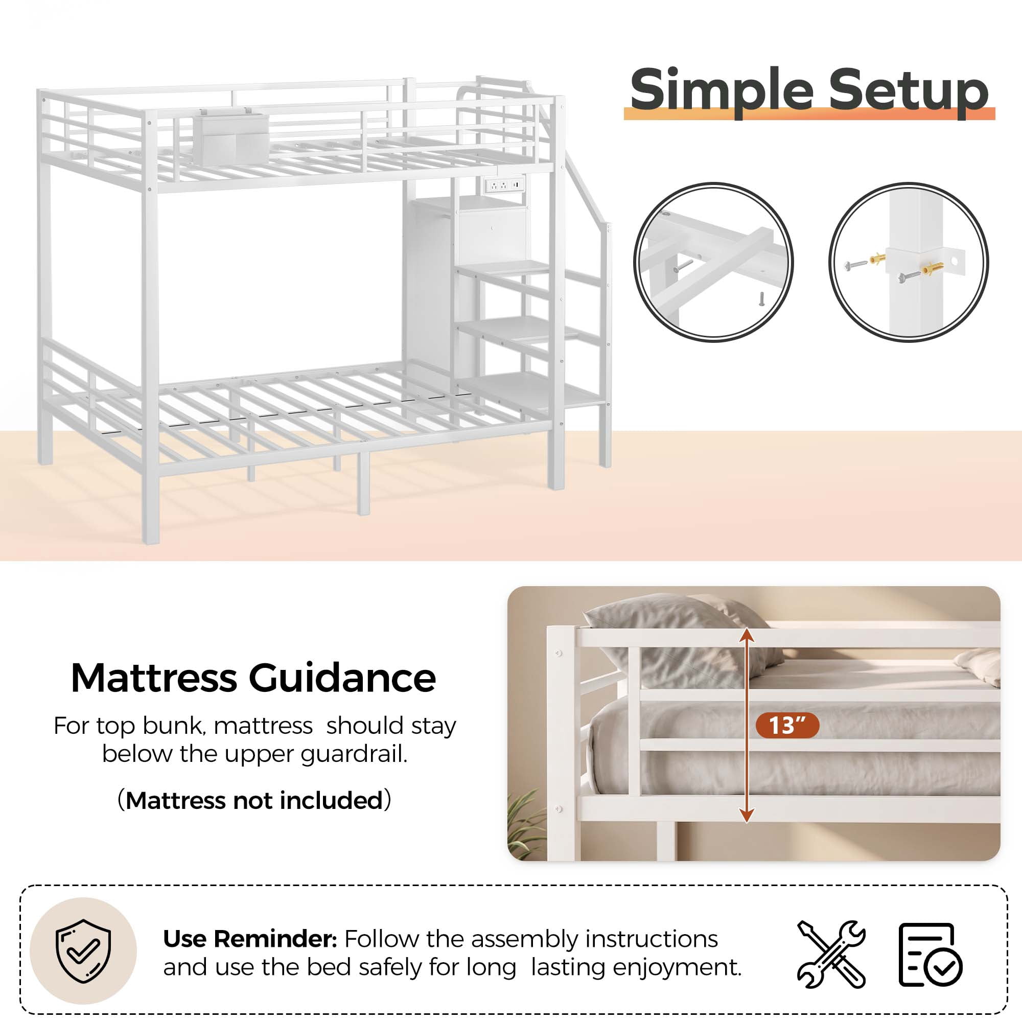 Miniyam Full Over Full Bunk Bed with Stairs, Storage and Charging Station, Metal Frame, White