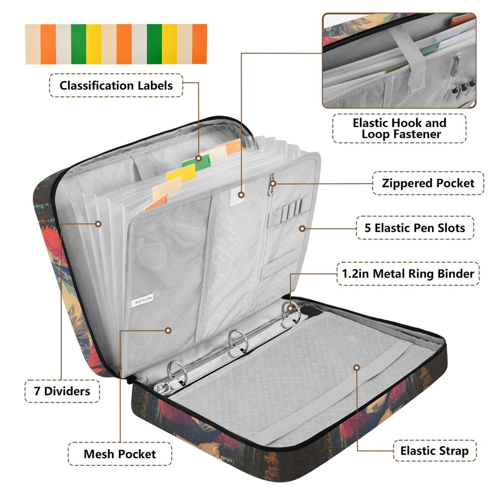 FORMRS Accordion File Folder A4 Size 7-Pocket Expanding Document Organizer Bag with 3 Ring Binder, Colorful Road