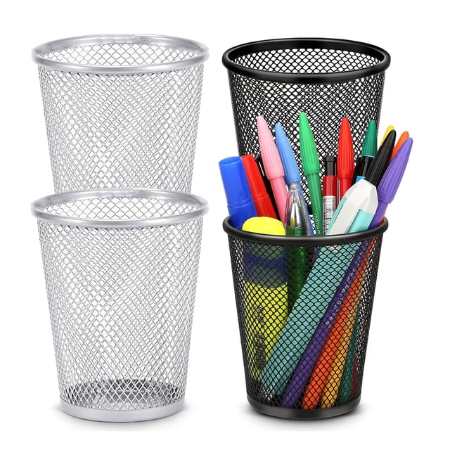 Portalápices para escritorio, portalápices para escritorio, paquete de 4 porta lápices para bolígrafos, organizador de bolígrafos de malla de metal para escritorio negro, portalápices de escritorio
