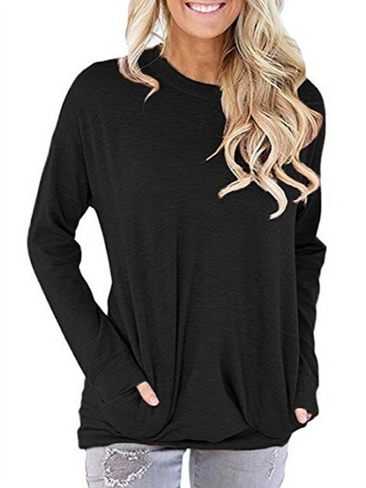 Gofodn Tops for Women Pullover Sweatshirt Ladies Tops Casual Classic Solid O Neck Loose Kink Long Sleeve Shirts Blouse 