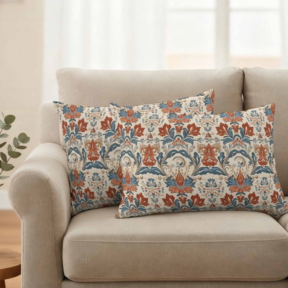 Pack of 2 Outdoor Pillow Covers 20x12 Inch Waterproof Boho Floral Throw Pillow Covers,Decorative Couch Pillow Shams Protectors Farmhouse Vintage Red Blue Flower Plant Patio Pillowcases Cushion Covers
