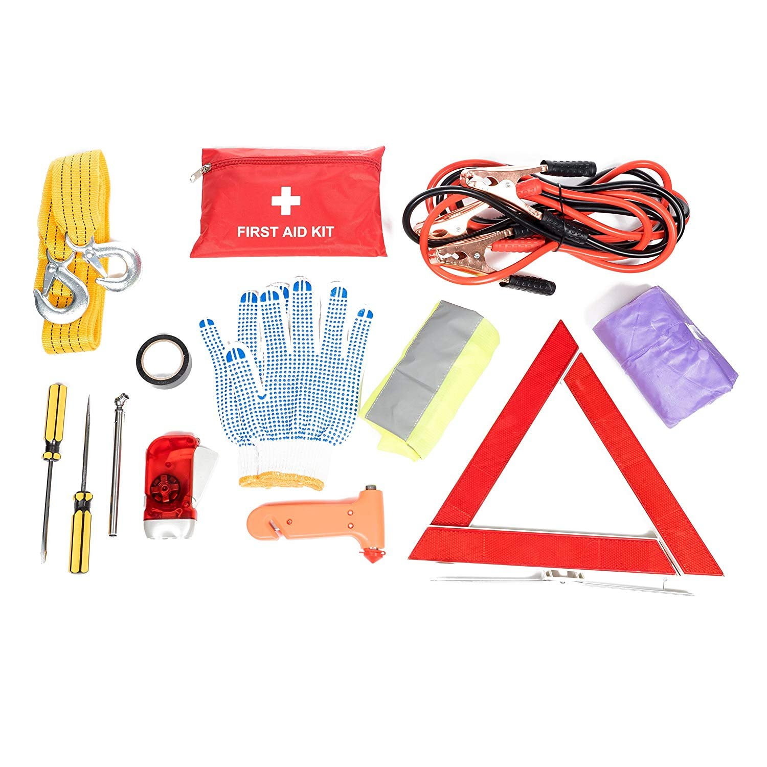 Roadside Assistance Car Emergency Kit - First Aid Kit, Jumper Cables, Tow  Rope, LED Flash Light, Rain Coat, Tire Pressure Gauge, Safety Vest & More  Ideal Winter Accessory For Your Car, Truck