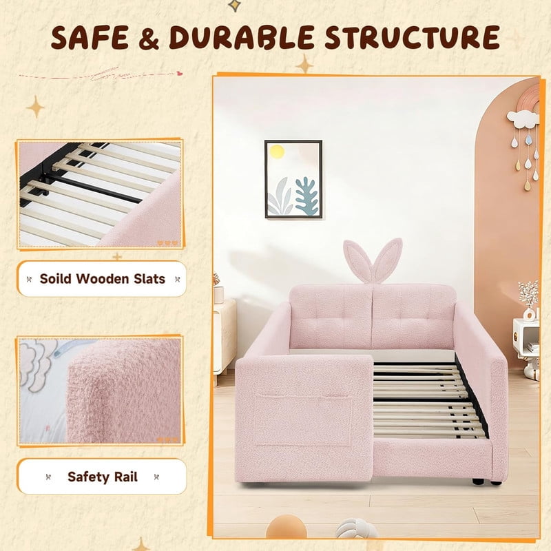 Twin Size Upholstered Platform Bed with Rabbit Ear Headboard, Kids Floor Bed with Storage Pocket & Safety Guardrail, No Box Spring Required