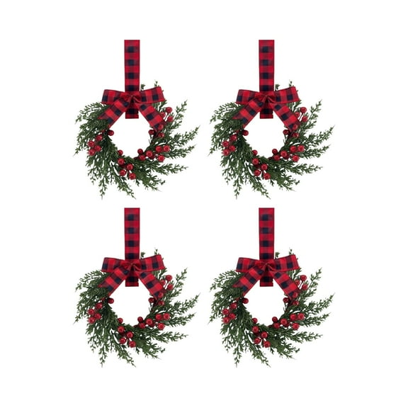 4Pcs 10.24Inch Christmas Mini Wreath for Cabinet, Artificial Snowy Cedar Garland with Bow Ribbon, Small Xmas Hanging Wreath for Kitchen Cabinets, Windows, Doors, Farmhouse Holiday Decorations