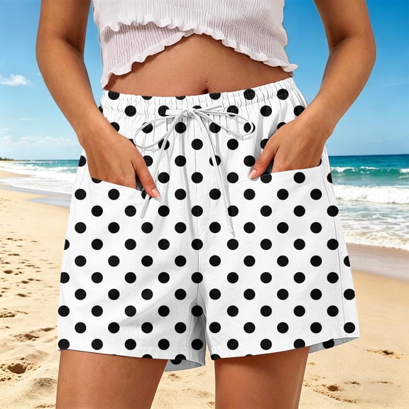 Cagogo Women Casual Elastic Waist Polka Dot Beach Shorts Plus Size Loose Summer Shorts Travel Lounge Outdoor, Black S
