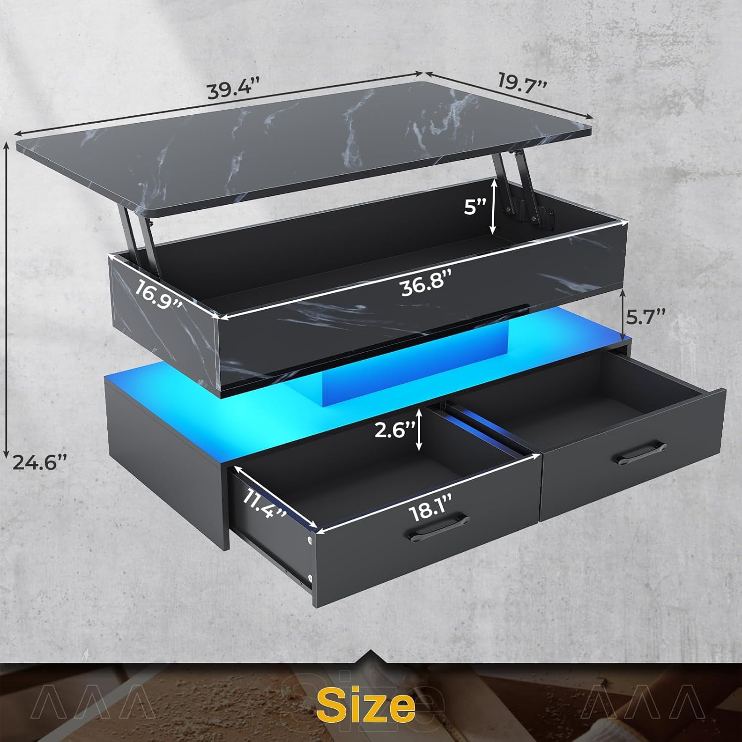 40" Lift Top Coffee Table with Storage, Modern Coffee Table with LED Lights and 2 Drawers, Small Coffee Table for Living Room, Dining Reception Room, Black Marble