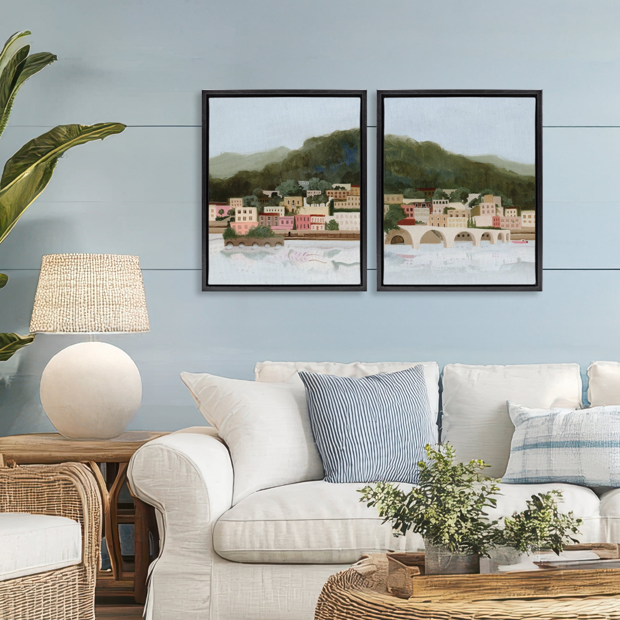 Stupell Industries Mountain Town by Sea 2 Piece Black Framed Floater Canvas Set, design by Grace Popp