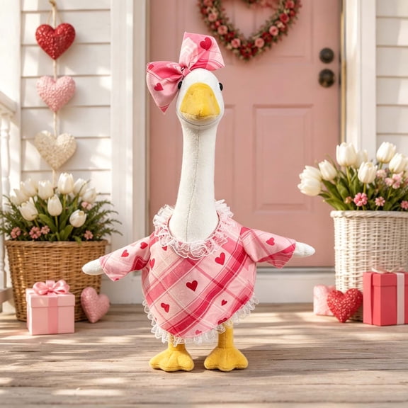 Porch Goose Outfit for 19-23 Inch Statue Pink Plaid Heart Pattern Dress with Bow Valentine Day Outdoor Front Porch Patio Garden and Yard Decoration