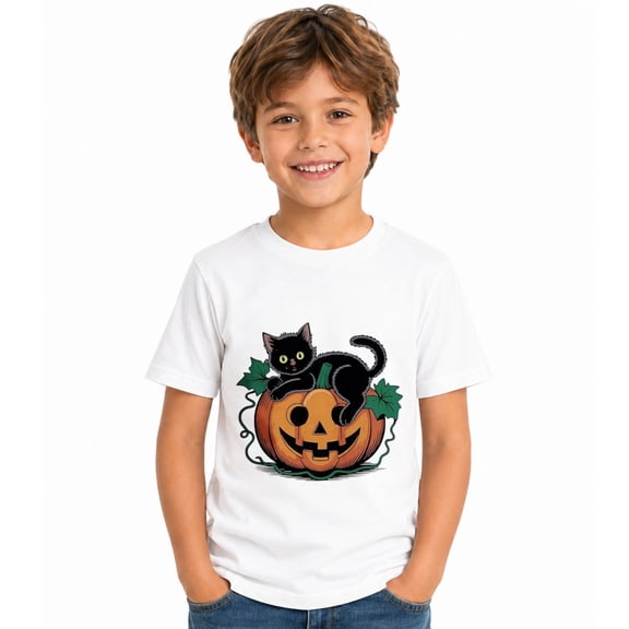 Boys Halloween Black Cat in Pumpkin Graphic T-Shirt, Cute Spooky Short Sleeve Shirt for Seasonal Wear