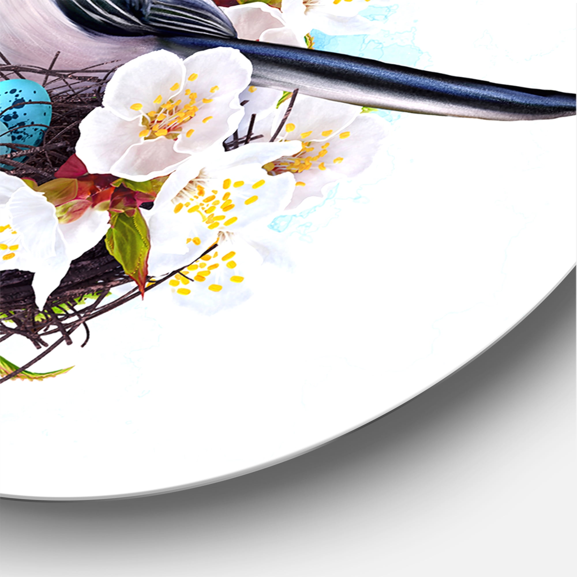 Designart 'Two Tit Birds Sitting Near The Nest With Eggs and White Flowers II' Traditional Circle Metal Wall Art 23x23 - Disc of 23
