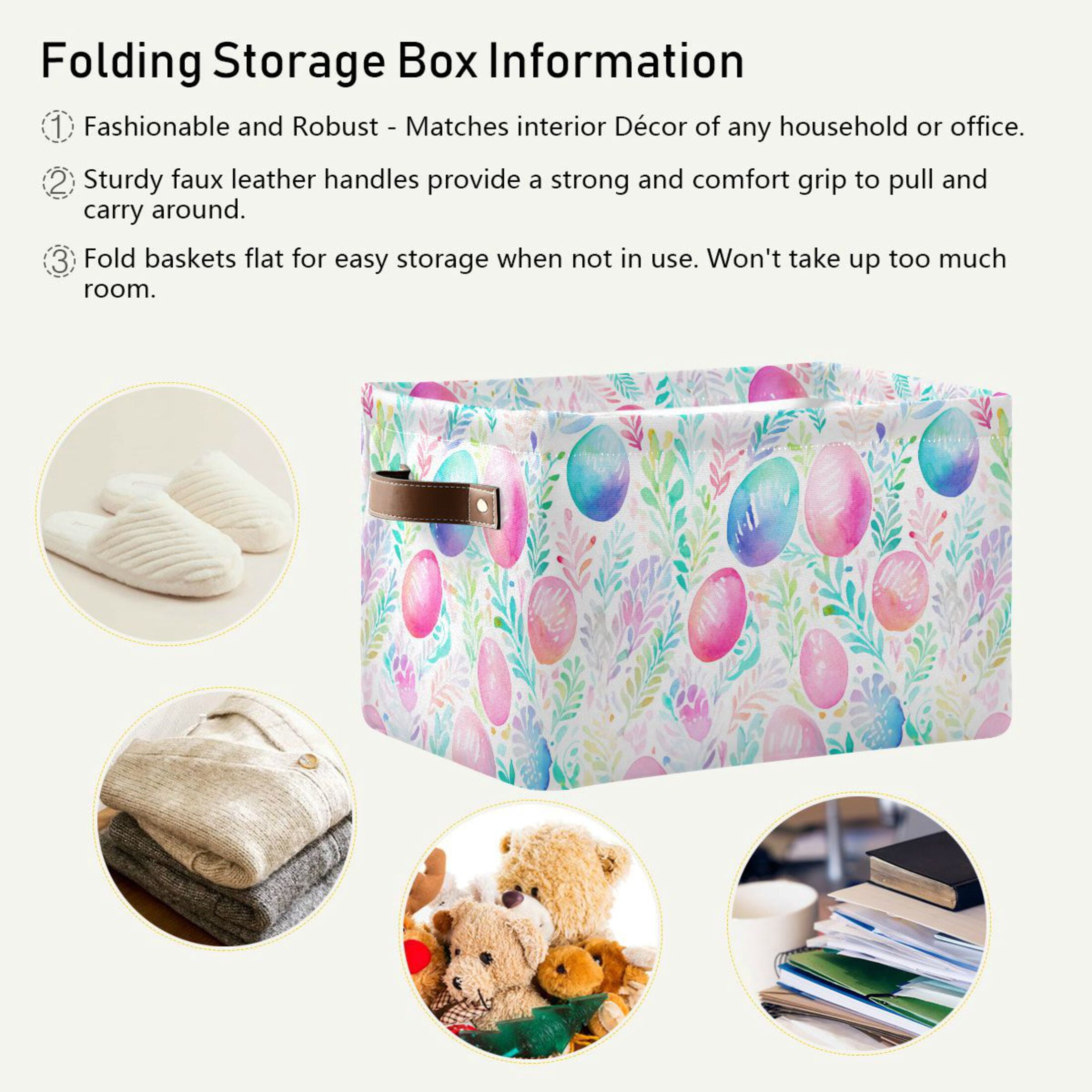 Easter Eggs and Leaf Storage Bins with Handle Fabric Organizer Basket Foldable Box 2 Pack 14.2x10.2x8.3
