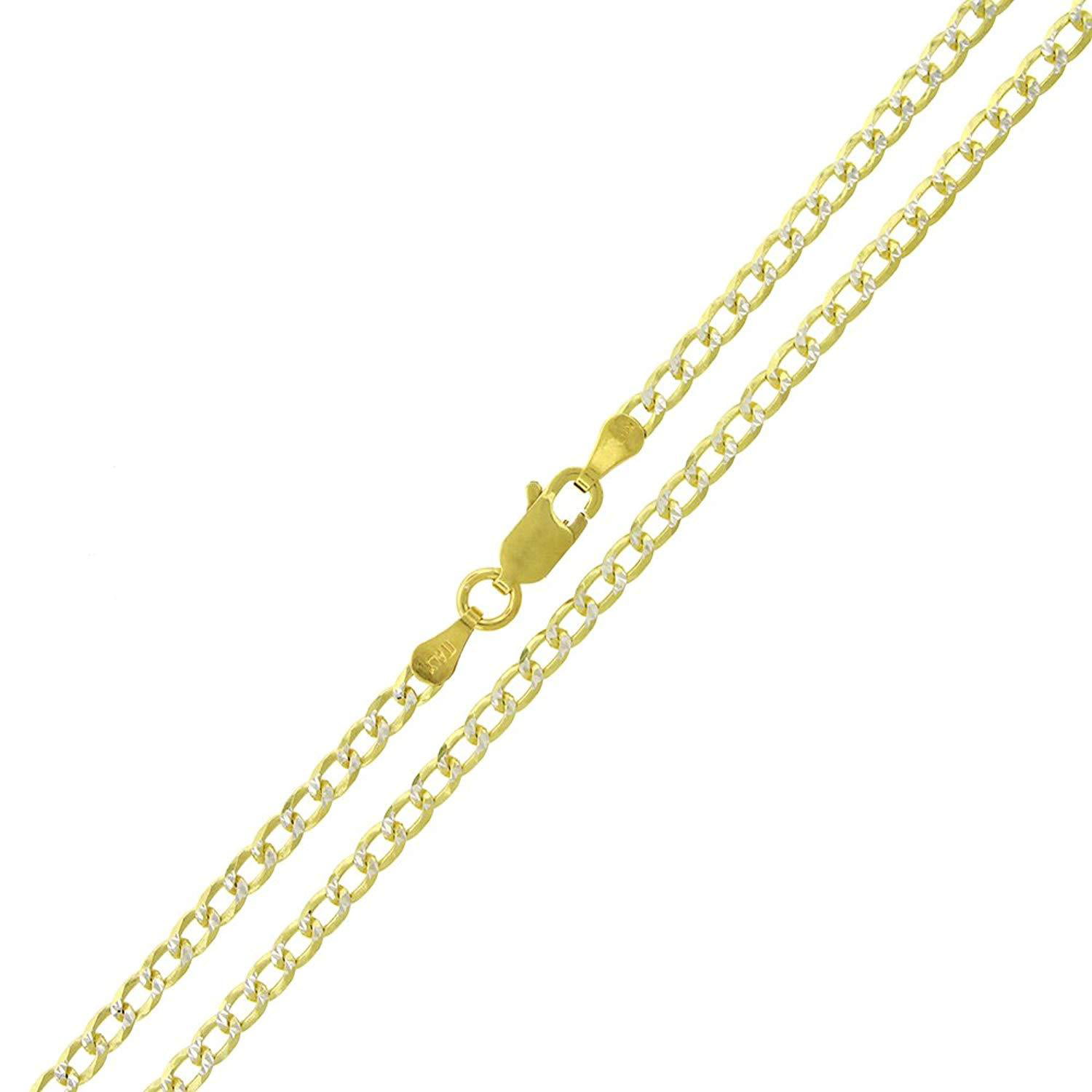 Authentic 14K Gold Over Silver 3MM Cuban Curb Link Diamond-Cut White Pave .925 ITProLux Necklace Chains, 16" - 30", Made In Italy, Next Level Jewelry