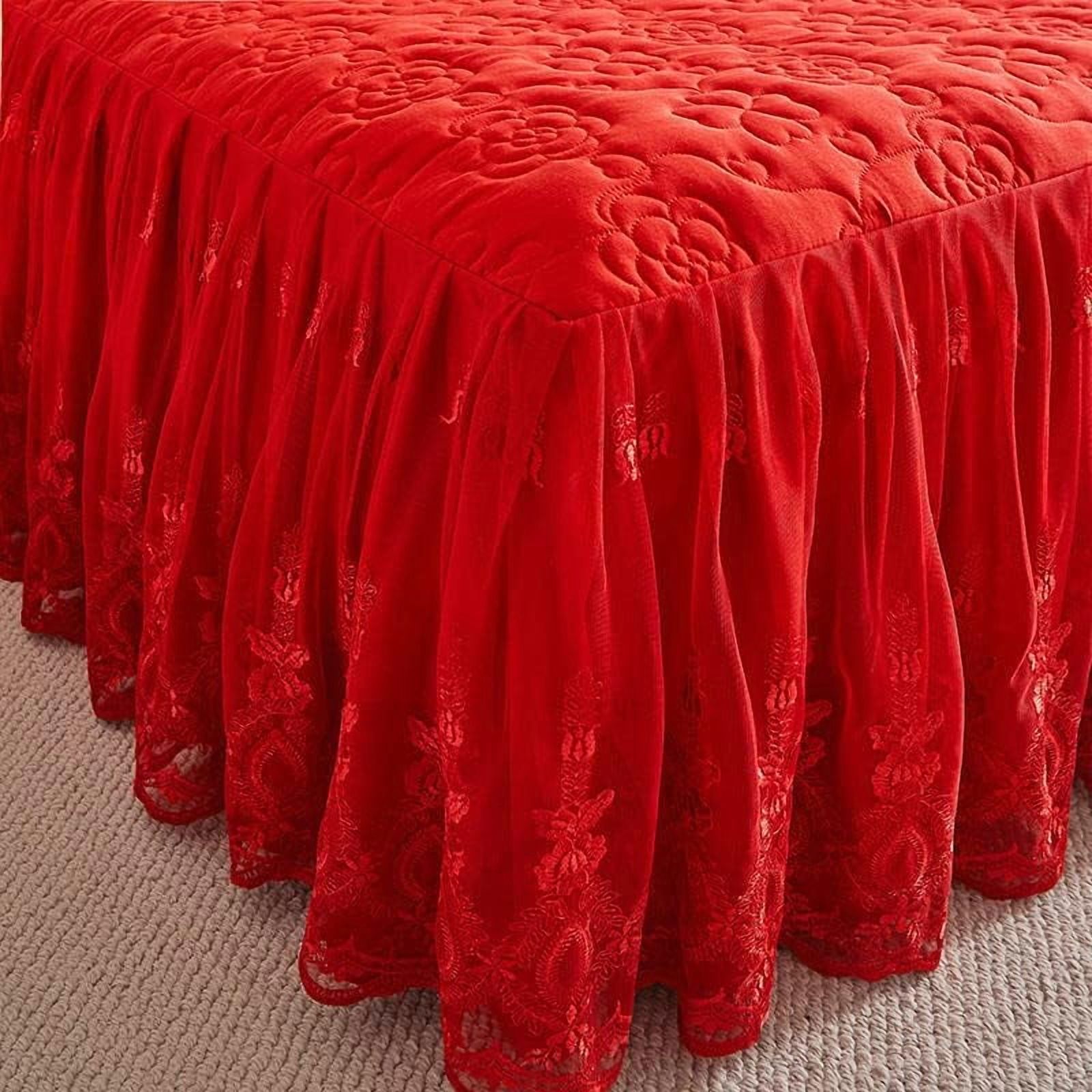 Flower Pattern Quilted Brocade Cotton Bedspread with Lace Ruffled Bed Skirt, Queen Size, Light Turquoise