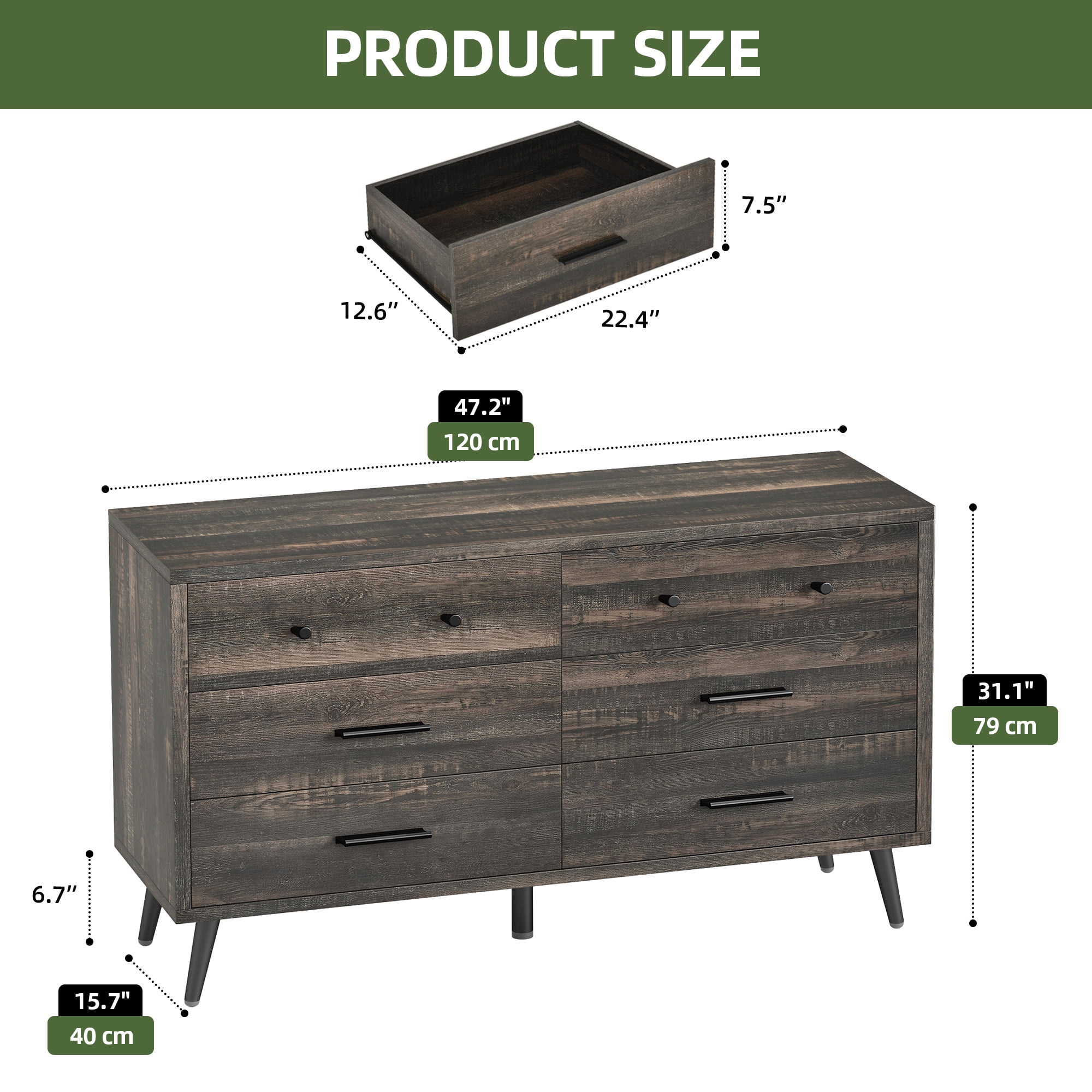 Uforic 6-Drawer Horizontal Dresser for , Wood Chest of Drawers, Dark Oak