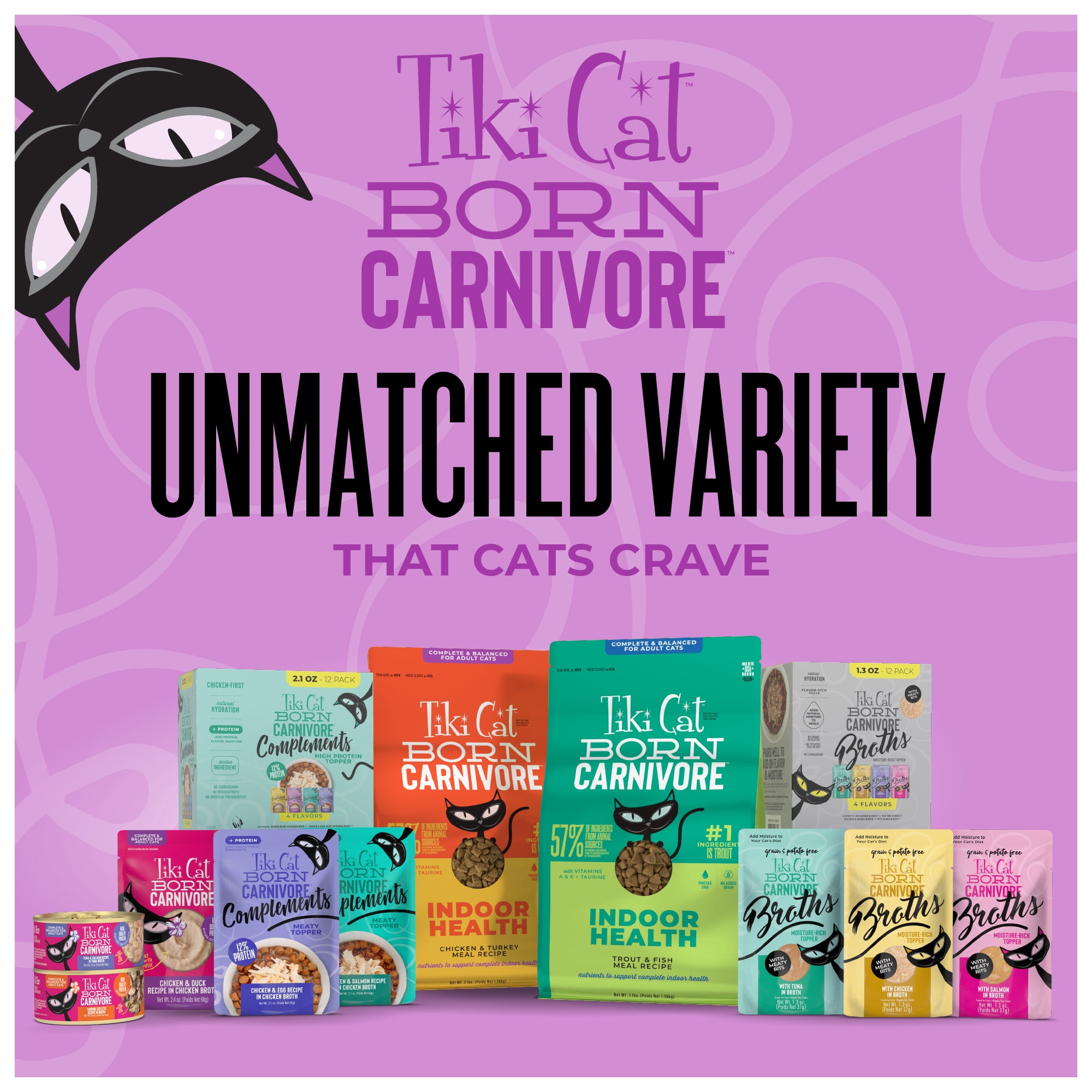 (2 pack) Tiki Cat Born Carnivore Complements Wet Cat Food Topper, Chicken & Duck 2.1 oz. Pouch
