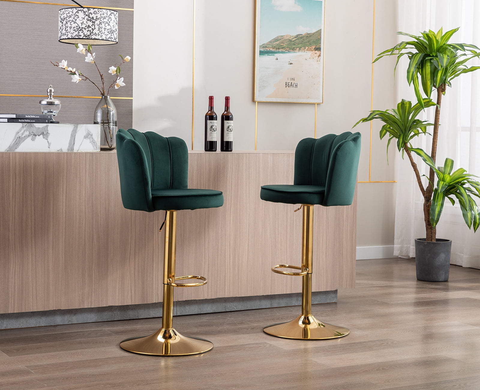 Guyou Swivel Adjustable Bar Stools Set of 2, Velvet Counter Height Barstools with Petal Back and Gold Footrest, Modern Counter Bar Height Stool Chairs for Kitchen Island Bar Cafe, Dark Green