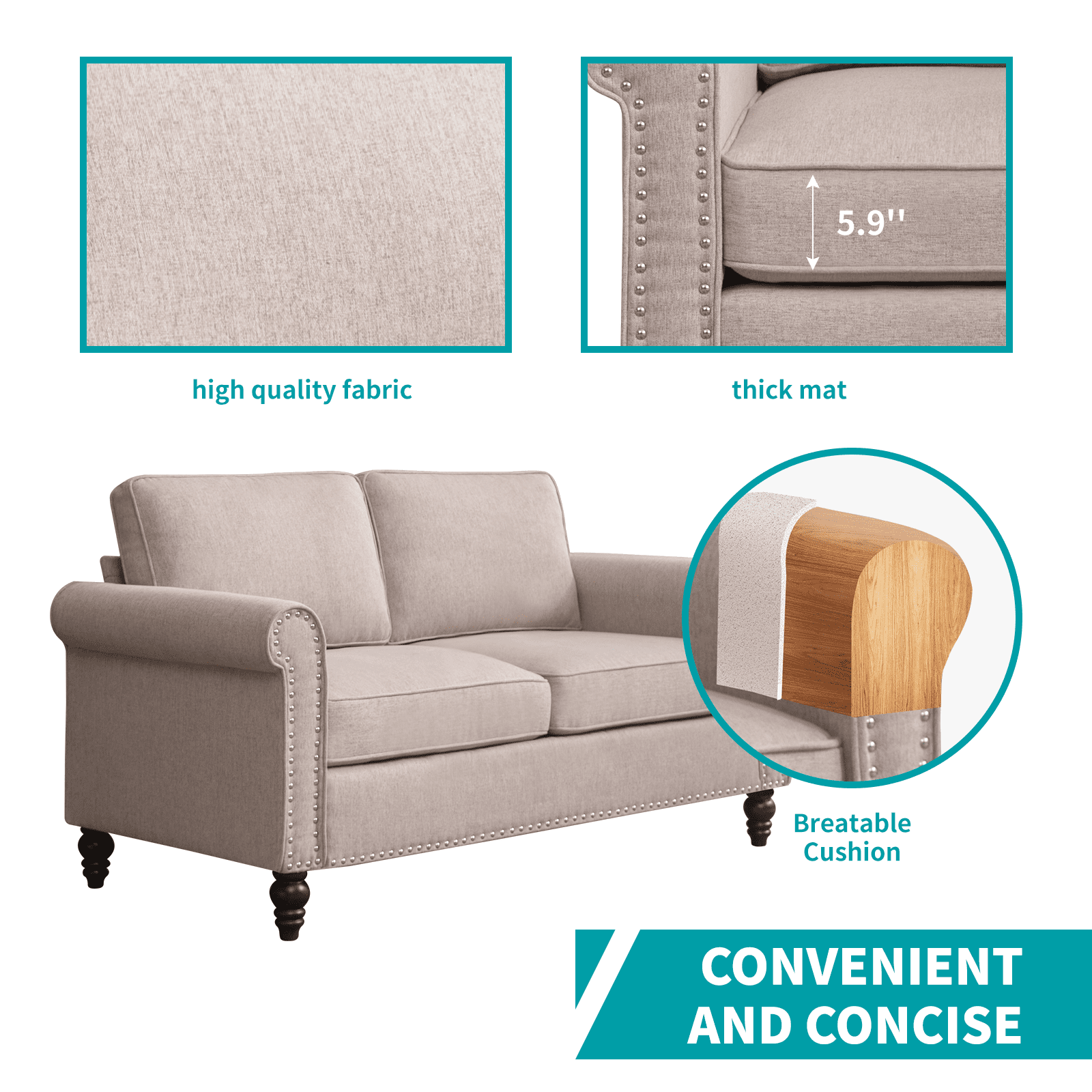 MUZZ Living Room Furniture Sets with 5.9"Upholstered Cushion, 3-Seater Sofa Couch, Loveseat and Single Sofa Chair, Sofa Set for Living Room(Beige)