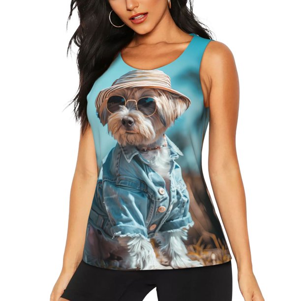 Fotbe Stylish Dog in Denim Outfit Blusas Sin Mangas para Mujer – Estilo Casual, Corte Suelto, Slim-Fit, Cuello Redondo Deportivo, Tops de Verano para Gimnasio y Yoga-Medium