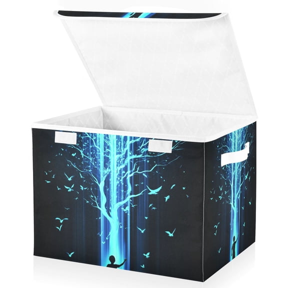 Yayeee Collapsible Cube Storage Bin with Lid Fabric Closet Decorative Basket with Handles, Blue Tree