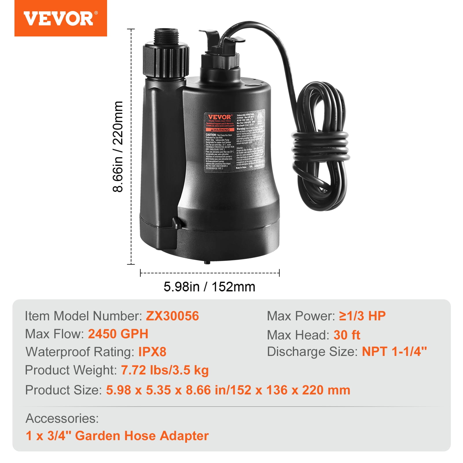 VEVOR Utility Pump, 1/3 HP, 2450 GPH High Flow,30 ft Head, Sump Pump Submersible Water Pump Portable Utility Pump with 10 ft Long Power Cord for Draining Water from Swimming Pool Garden Pond Basement