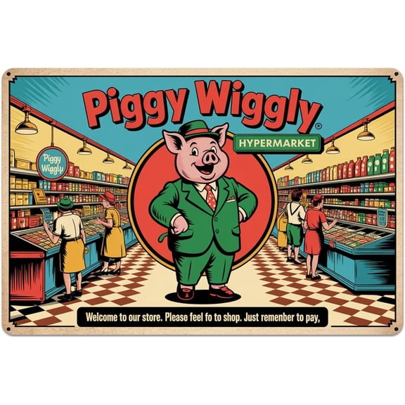 Piggly Wiggly Tin Sign, Vintage Piggy Wiggly Hypermarket Metal Sign print Aesthetic Room Decoration for Home Bedroom Kitchen Bar Coffee Bathroom Indoor Outdoor Wall Decor, 8 X 12 IN