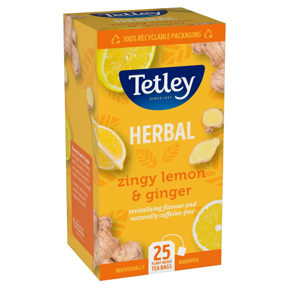 Tetley Herbal Zingy Lemon & Ginger 25 Plant Based Tea Bags 50g  (pack of 6)