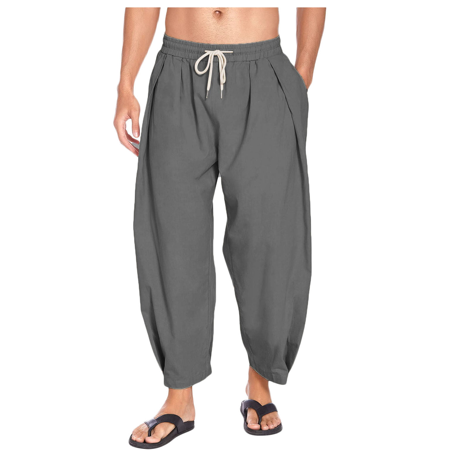Wan-T Mens Linen Plus Size Drawstring Pockets Beach Harem Cropped Pants