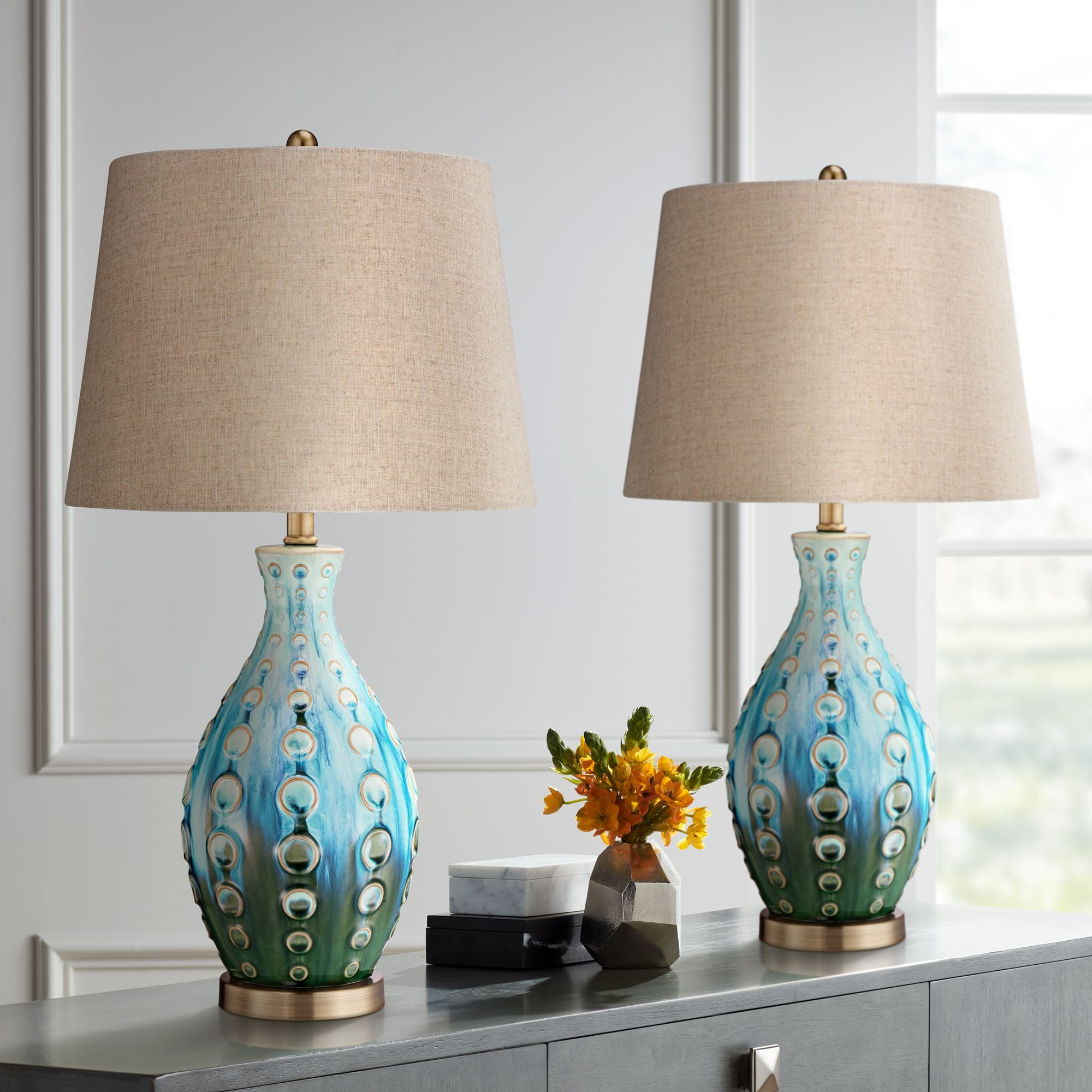 360 Lighting Mid Century Modern Table Lamps Set of 2 Ceramic Teal