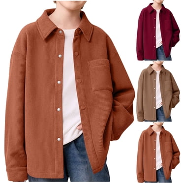 Miluxas Boys Corduroy Shirts Kids Western Botton Down Shacket Fall Long Sleeve Solid Lapel Tops Wine 13-14 Years