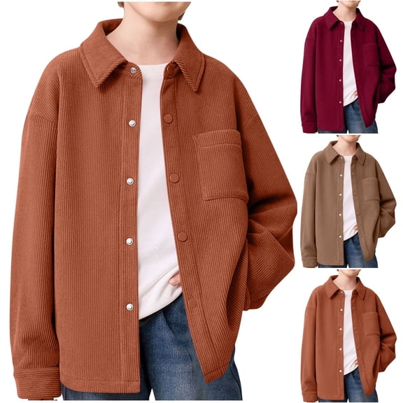 AHTJRT Boys Girls Corduroy Shirts Lapel Long Sleeve Tee Shirt Casual Fall Spring Button down Blouse with Pocket Relaxed Striped Knit Solid Tops Orange 4-5 Years