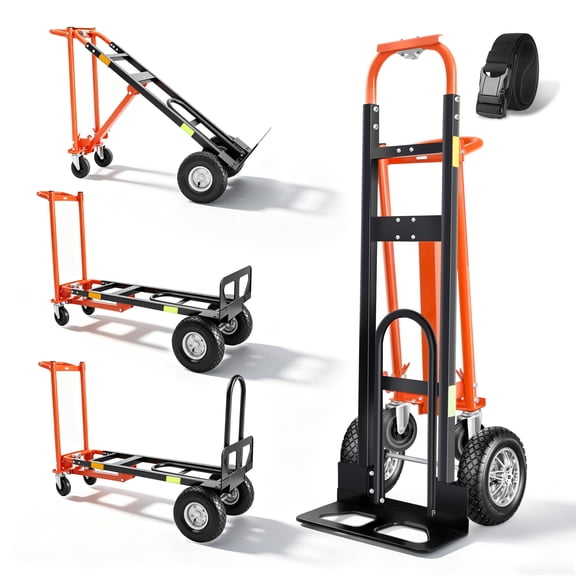 AIRAJ 1000lbs Capacity 4-in-1 Convertible Hand Truck, Heavy Duty Platform Truck Dolly with 360° Swivel TPR Silent Wheels & Luggage Straps, Multi-functional Moving Cart for Warehouse, Orange