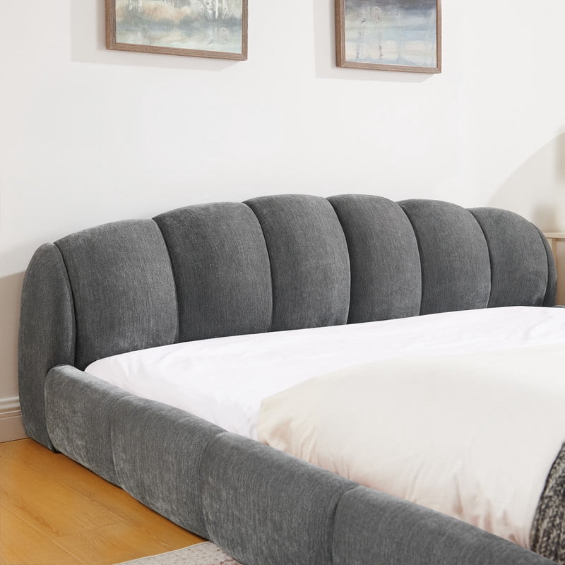 Queen/King Size Upholstered Platform Bed Frame, No Box Spring Required Low Profile Floor Bed with Padded Headboard & Footboard