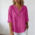 thumbnail image 4 of Amzcrzy Spring Tops for Women Versatile Casual Solid Color Linen Shirts for Women Loose Rolled 3/4 Length Sleeve Womens Tops Fashion V Neck Button Down Ladies Blouses 2XL, 4 of 7