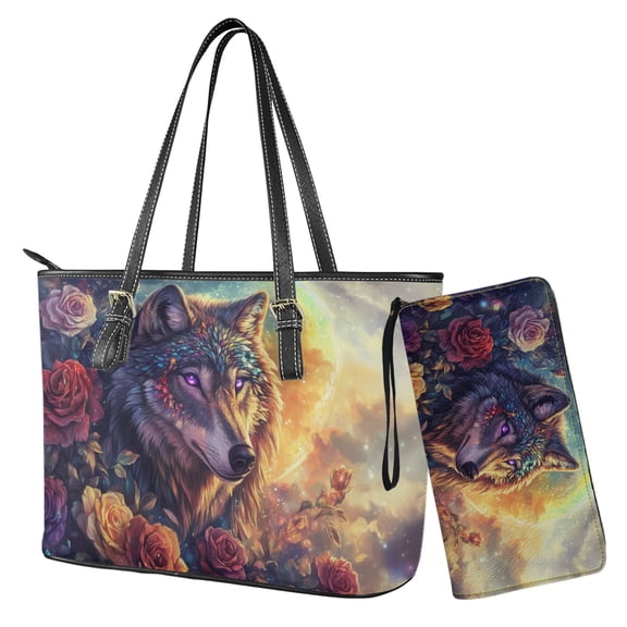 Tutolipy Wolf Rose Printed Leather Handbag Totes,Work Tote Bag Set with PU Wallet,Top Handle Shoulder Bags and Purse Waterproof Handbag