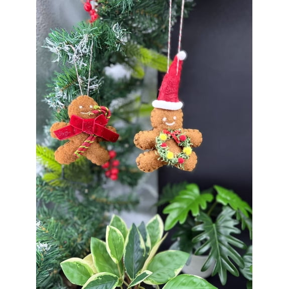 Two Felt Wool Gingerbread Man Christmas Hanging Ornament