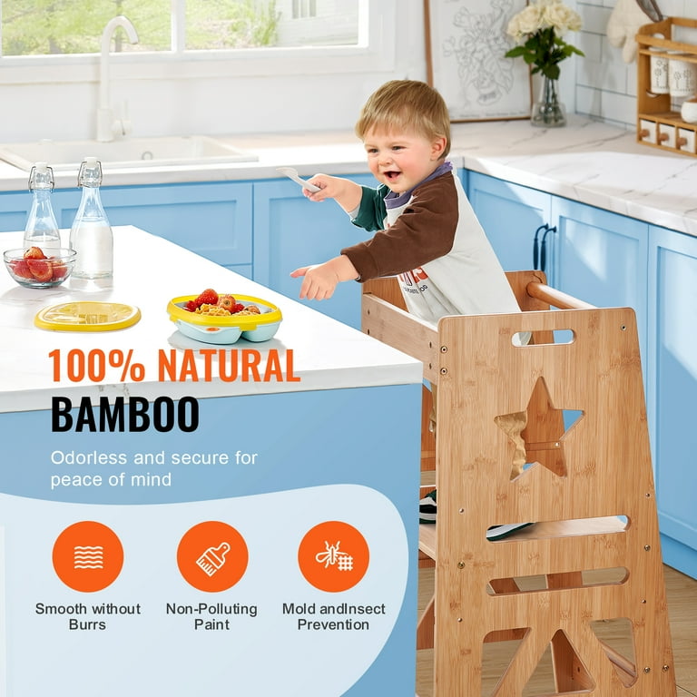 SKYSHALO Bamboo Children s Cooking Step Stool 3 Level Adjustable 350LBS Capacity Toddler Kitchen Helper Safety Rail Walmart