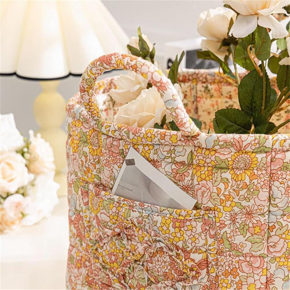 Eagerlyous/Eagerlyus Boho Fabric Storage Basket, Boho Laundry Basket with Handle, Large Capacity Tote Bag with Front Pocket, Foldable Square-Shaped Floral Storage Basket Home Organizatio