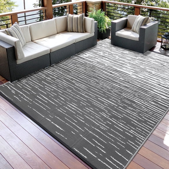 Garvee 8'x10' Waterproof Outdoor Rugs Modern Solid Plastic Straw Rugs, Reversible Outdoor Camping Carpet for Porch Deck Backyard Balcony, Gray