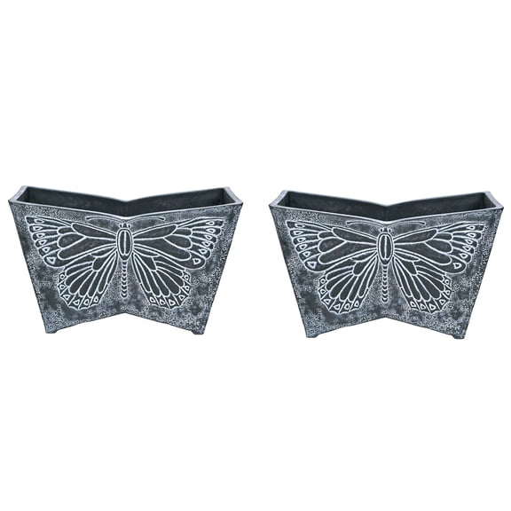 GreenShip 16 inch Planters for Outdoor Plants, Large Indoor Outdoor Planters Set of 2, Butterfly Relief Large Plant Pots Indoor Plants, Weather Resistant, Dark Grey