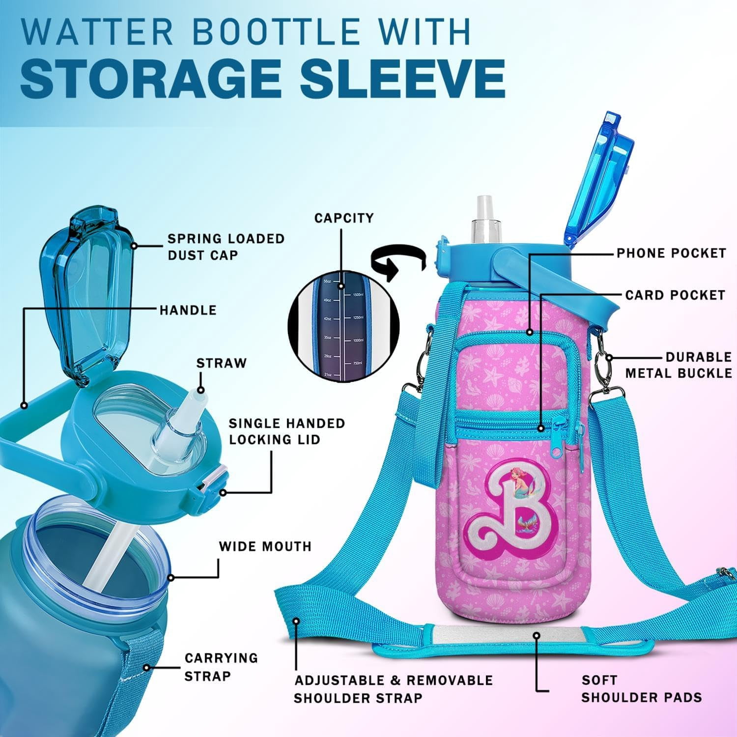 64 oz Water Bottle with Straw and Storage Sleeve - Half Gallon Water Bottle for Gym Women and Outdoor Activities, Gym Gifts for Women