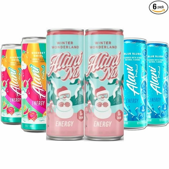 New Alani Energy Drinks Winter Wonderland, Sherbet Swirl, Blue Slush Variety Pack Sugar-Free, Low-Calorie, Energy Boost Drink 12 fl oz (Pack of 6)