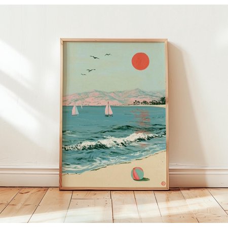 Coastal Beach Landscape Poster Seascape Wall Art Sailboat Ocean Print Retro Coastal Artwork Summer Beach Decor Poster Only
