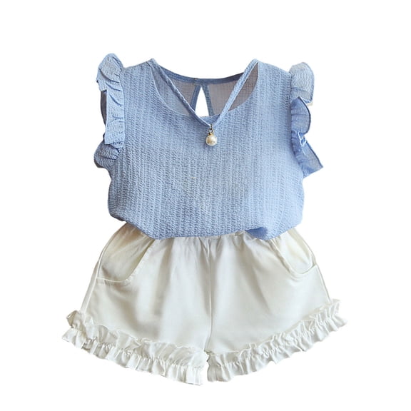 Auroural Girls Outfit Sets Size 6 Girls Clothes Size 6 Sets Girls Outfit Sets Summer Flying Sleeve Chiffon Solid Color Sleeveless Fresh Lace Shorts Two-Piece Set