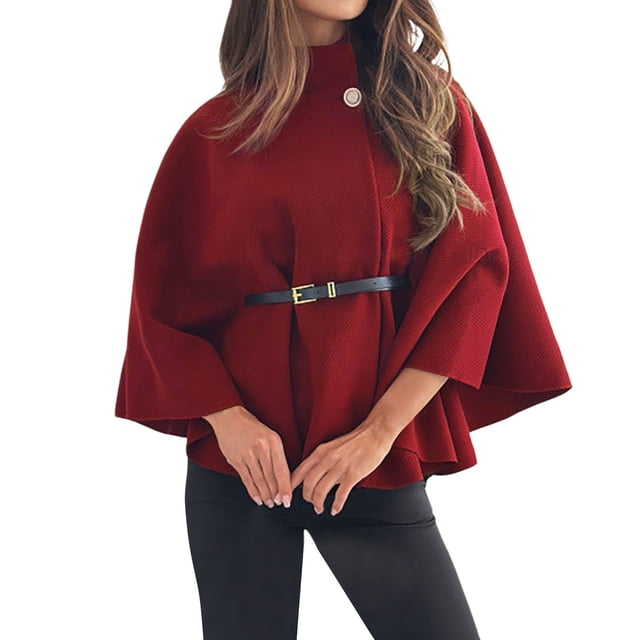 Women's Winter Fashion Temperament Elegant Wind Solid Color Waist Strap Woolen Cloak Coat